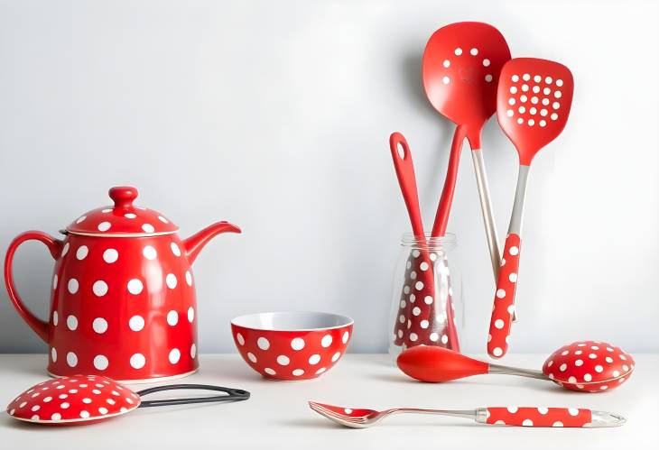 Delightful Decor Red Polka Dot Vintage Utensils on White Table